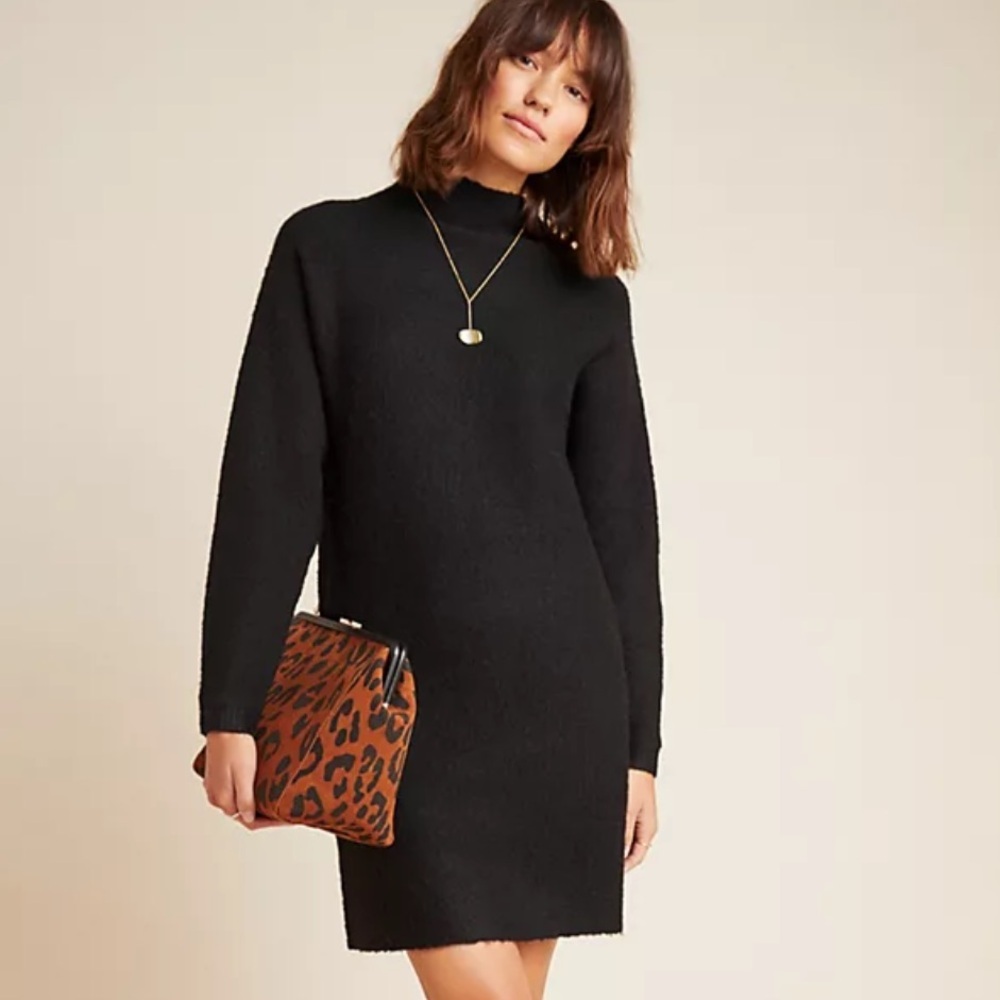 RD Style Black Textured Knit Mock Neck Oversized Midi Cozy Neutral Sweater Dress